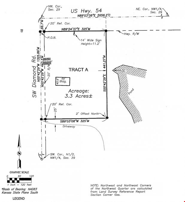 HARD CORNER LOT - 3.1 ACRES WITH 40' x 70' FLEX BUILDING
