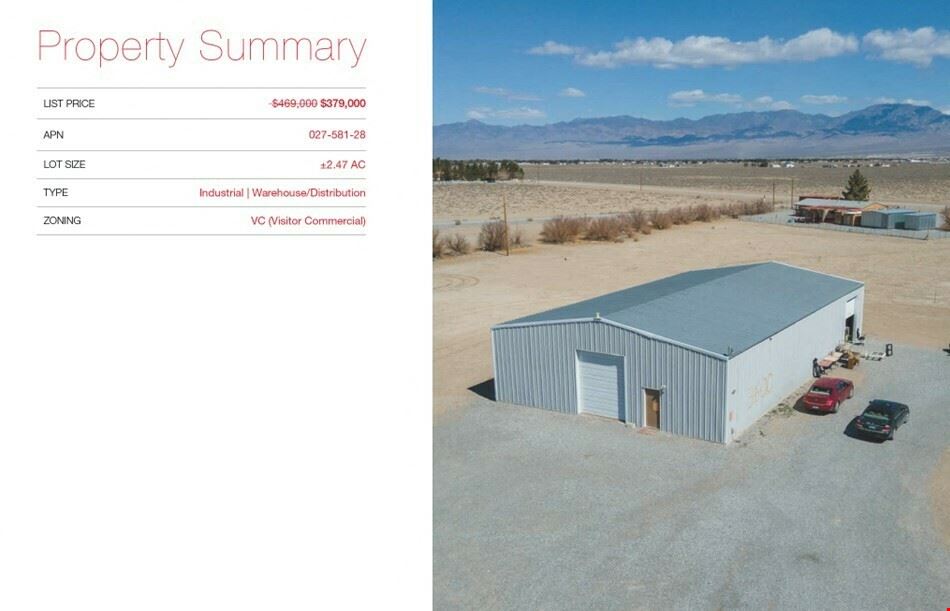 FINAL PRICE DROP:  Pahrump Industrial Warehouse on 2.47 acres of vacant land