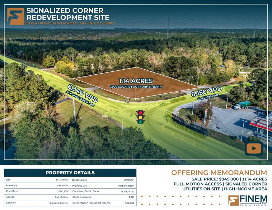 1.14 Signalized Corner Redevelopment Site | Former 1,900 SF Regions Bank